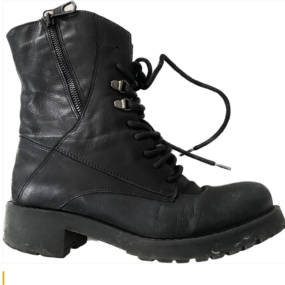 Black Moto Combat Boots with Sturdy Laces and Side Zipper